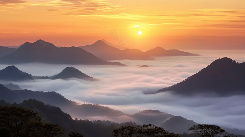 黄色茂密山林山顶日出云海风景背景,高清,摄影图,摄影图片,图片大全,摄影图免费下载